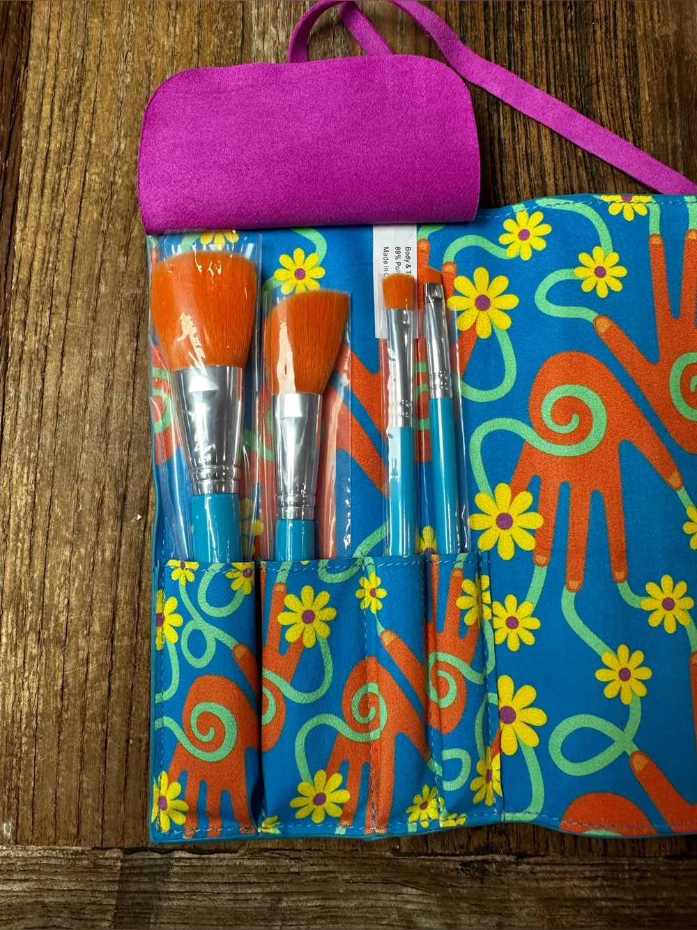 Bloomingdale's Floral Blue and Pink Makeup Brush Roll-Up Set